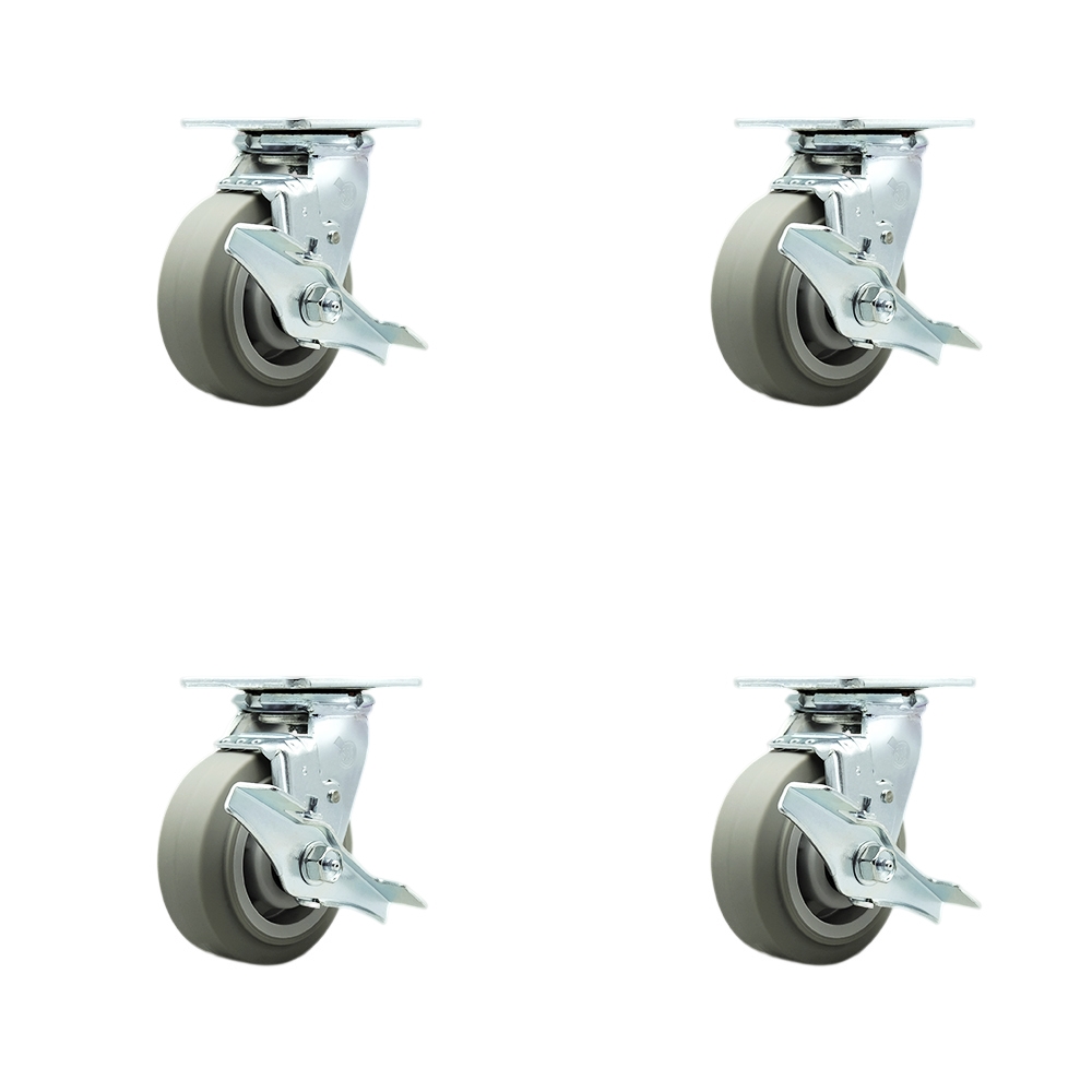 Stainless Steel Thermoplastic Rubber Flat Tread Swivel Top Plate Casters Set of 4 Heavy Duty with 5 Inch Wheels - Includes 4 Swivel with Top Lock Brakes and Bolt on Swivel Locks - Service Caster Brand — photo 1