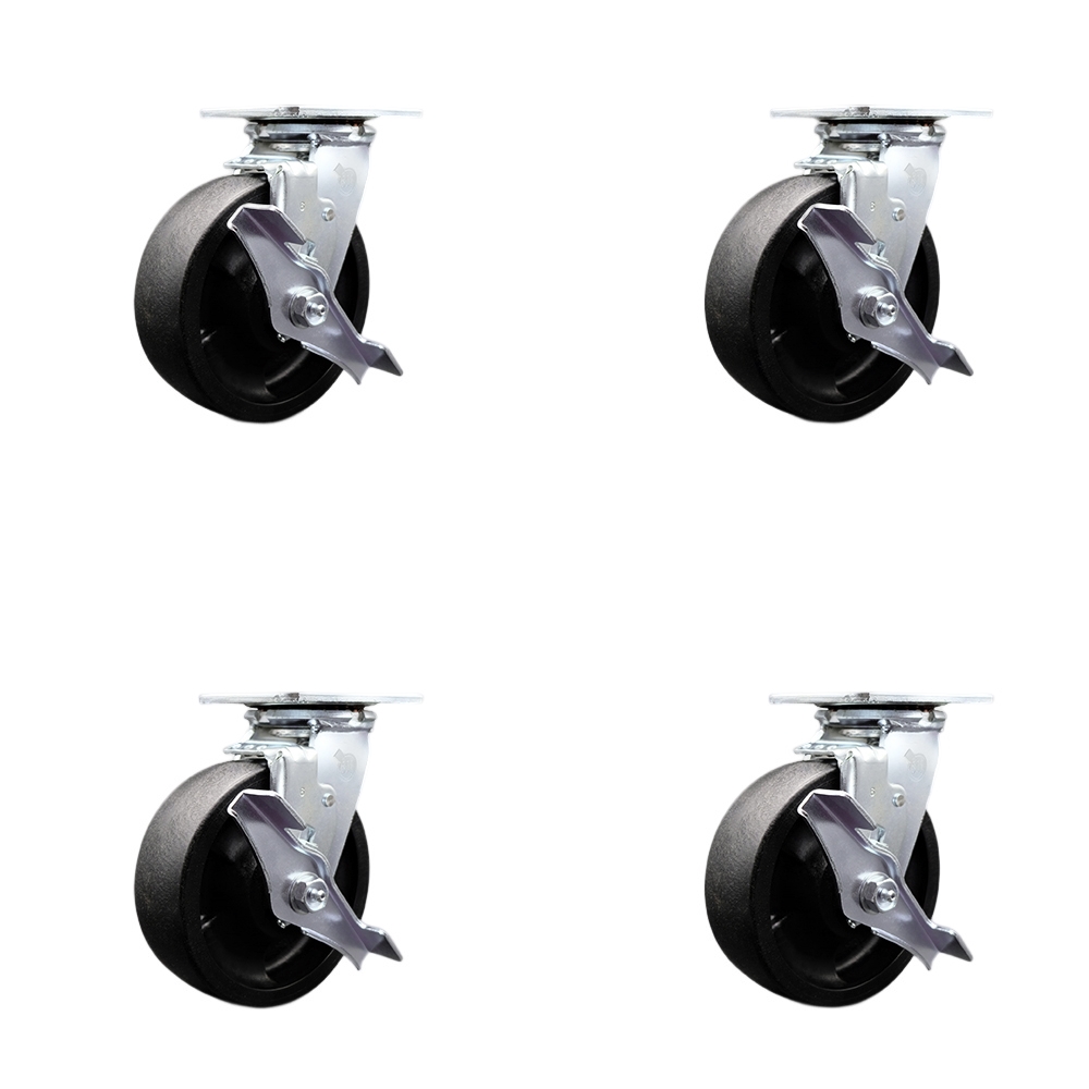 Stainless Steel Glass Filled Nylon Swivel Top Plate Casters Set of 4 Heavy Duty with 6 Inch Wheels - Includes 4 Swivel with Top Lock Brakes – 5,000 lbs. Total Capacity - Service Caster Brand — photo 1