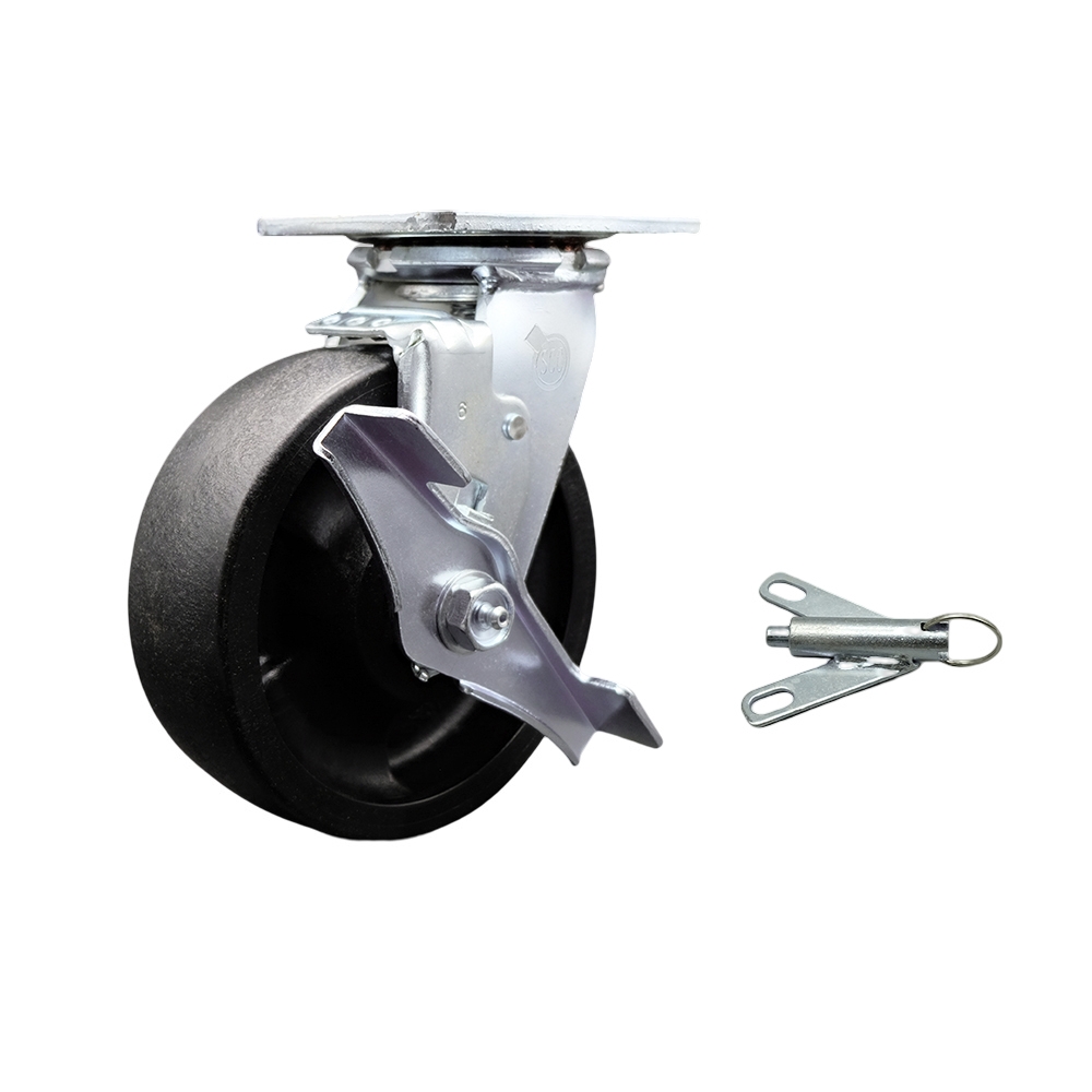 Stainless Steel Heavy Duty Swivel Top Plate Caster with Top Lock Brake and Bolt on Swivel Lock and 6 Inch High Temperature Glass Filled Nylon Wheel with Ball Bearings - Service Caster Brand — photo 1