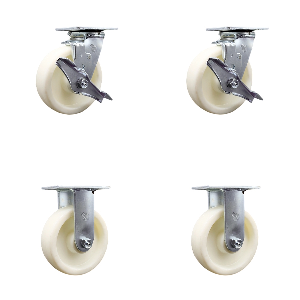Stainless Steel Heavy Duty Swivel Caster Set of 4 with 6 Inch Nylon Wheels and Delrin Bearings - Includes 2 Swivel with Brakes and 2 Rigid - 5,000 lbs. Total Capacity - Service Caster Brand — photo 1