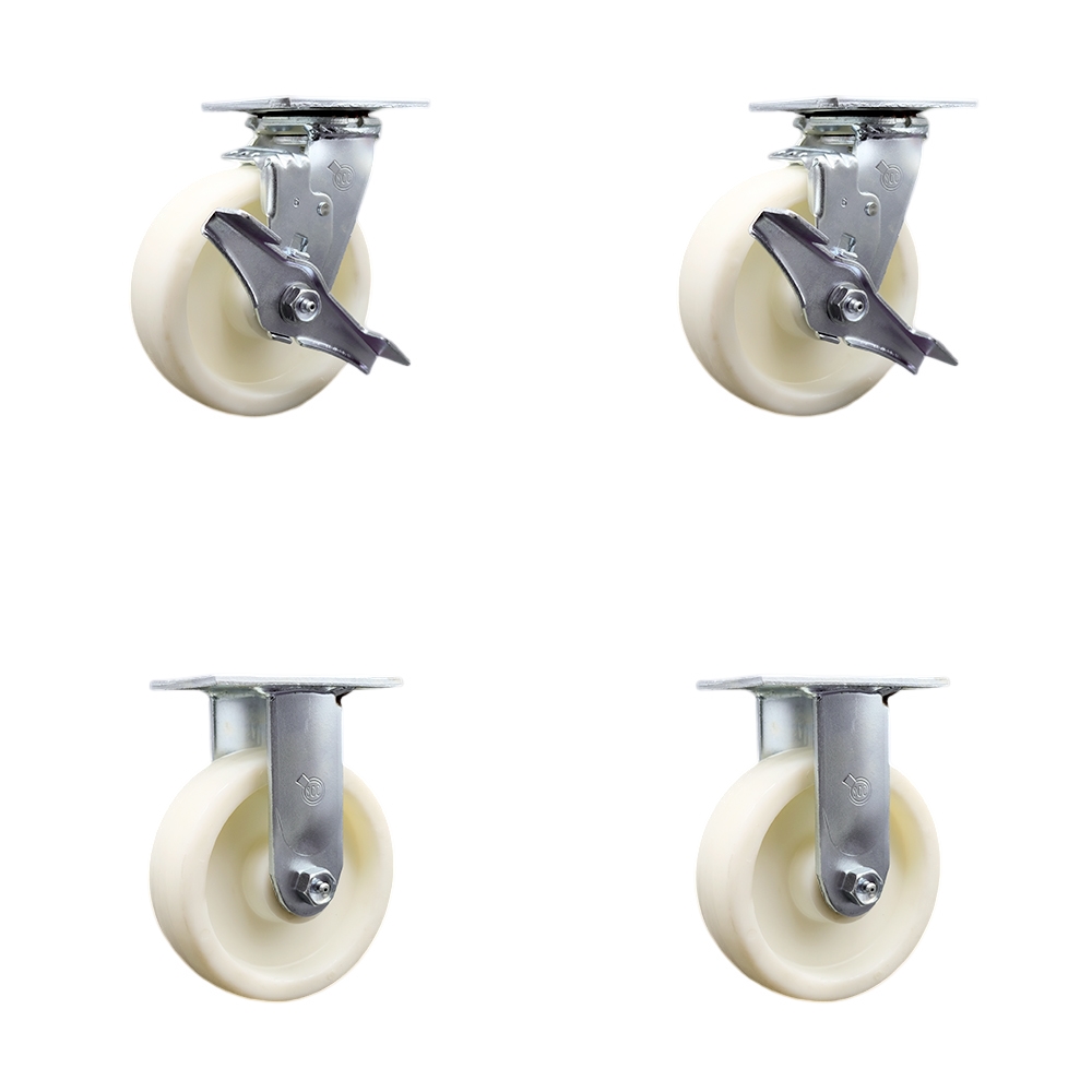 Stainless Steel Heavy Duty Swivel Caster Set with 6 Inch Nylon Wheels and Delrin Bearings - Includes 2 Swivel with Brakes and Bolt on Swivel Locks and 2 Rigid - Service Caster Brand — photo 1