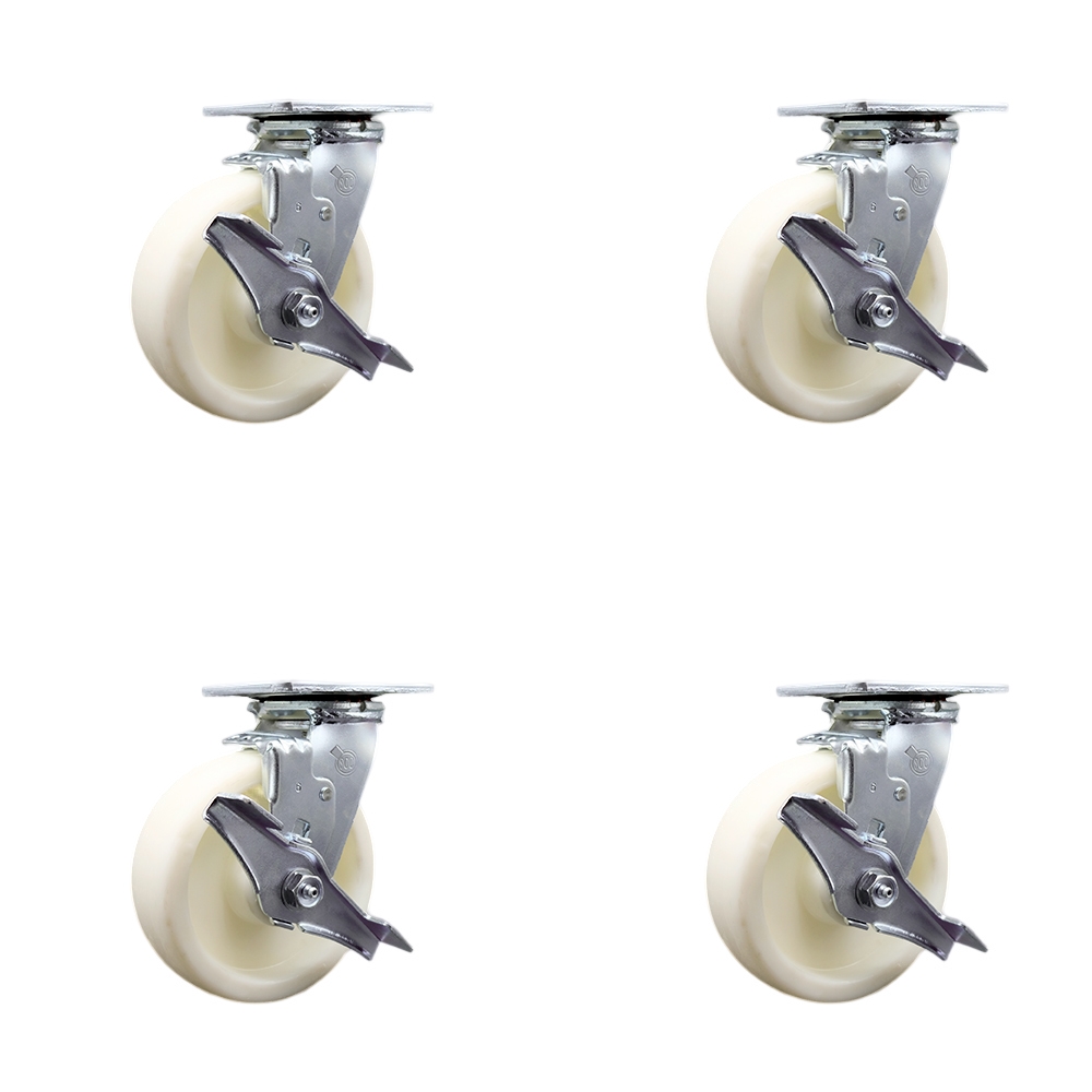 Stainless Steel Heavy Duty Swivel Caster Set of 4 with 6 Inch Nylon Wheels and Delrin Bearings - Includes 4 Swivel with Top Lock Brakes and Bolt on Swivel Locks - Service Caster Brand — photo 1