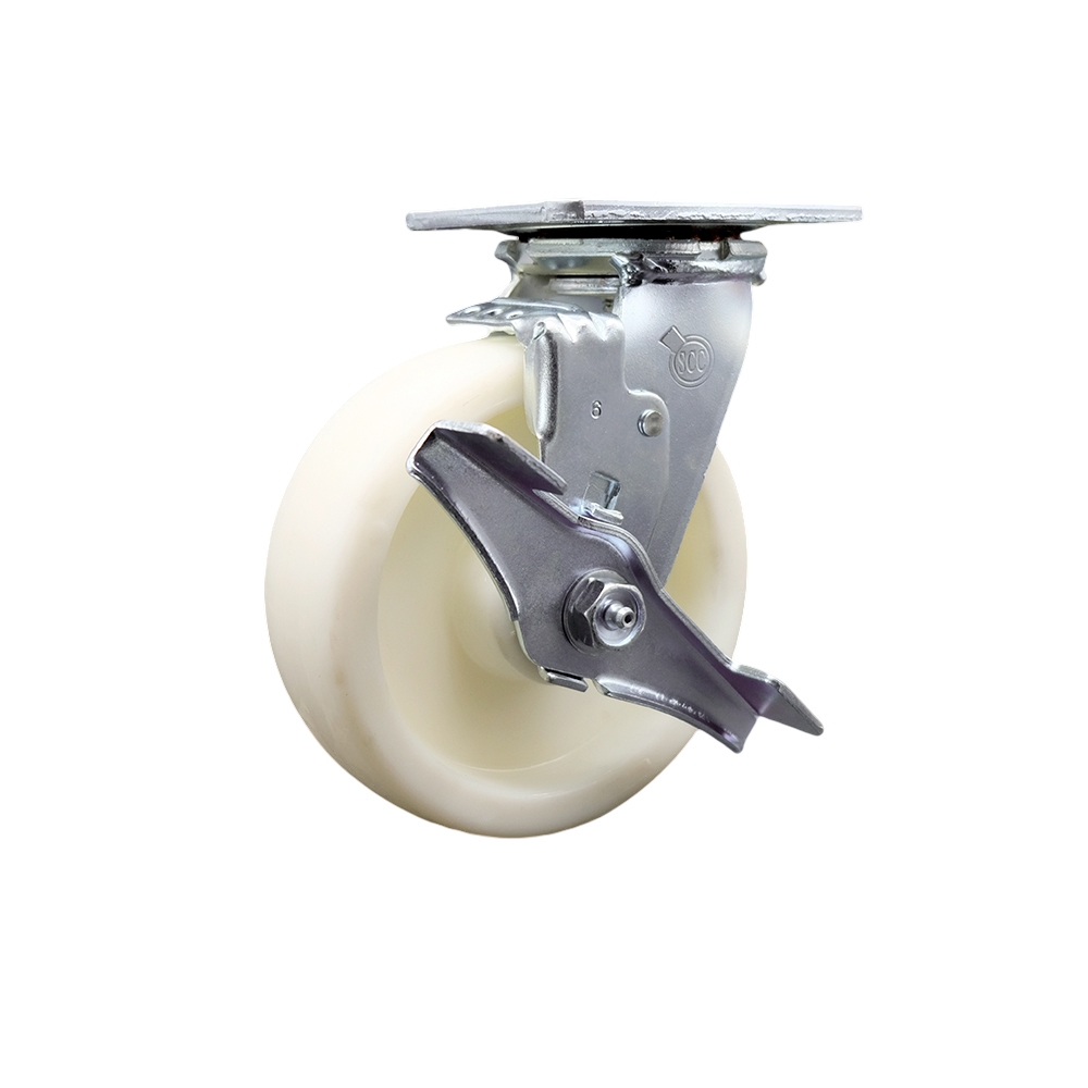 Stainless Steel Heavy Duty Swivel Top Plate Caster with Top Lock Brake and Bolt on Swivel Lock and 6 Inch Nylon Wheel with Ball Bearings - 1,250 lbs. Capacity/Caster - Service Caster Brand — photo 1
