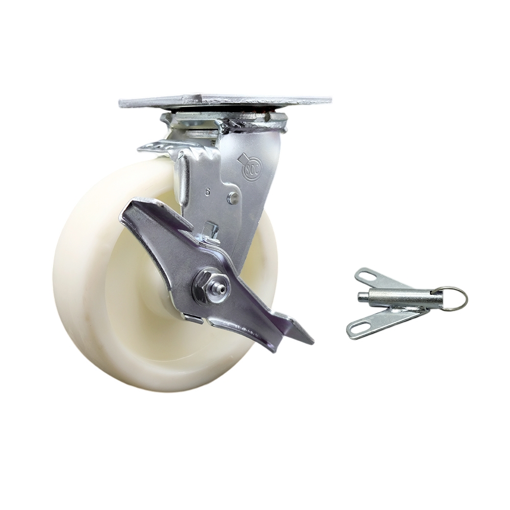 Stainless Steel Heavy Duty Swivel Top Plate Caster with Top Lock Brake and Bolt on Swivel Lock and 6 Inch Nylon Wheel with Delrin Bearings - 1,250 lbs. Capacity/Caster - Service Caster Brand — photo 1