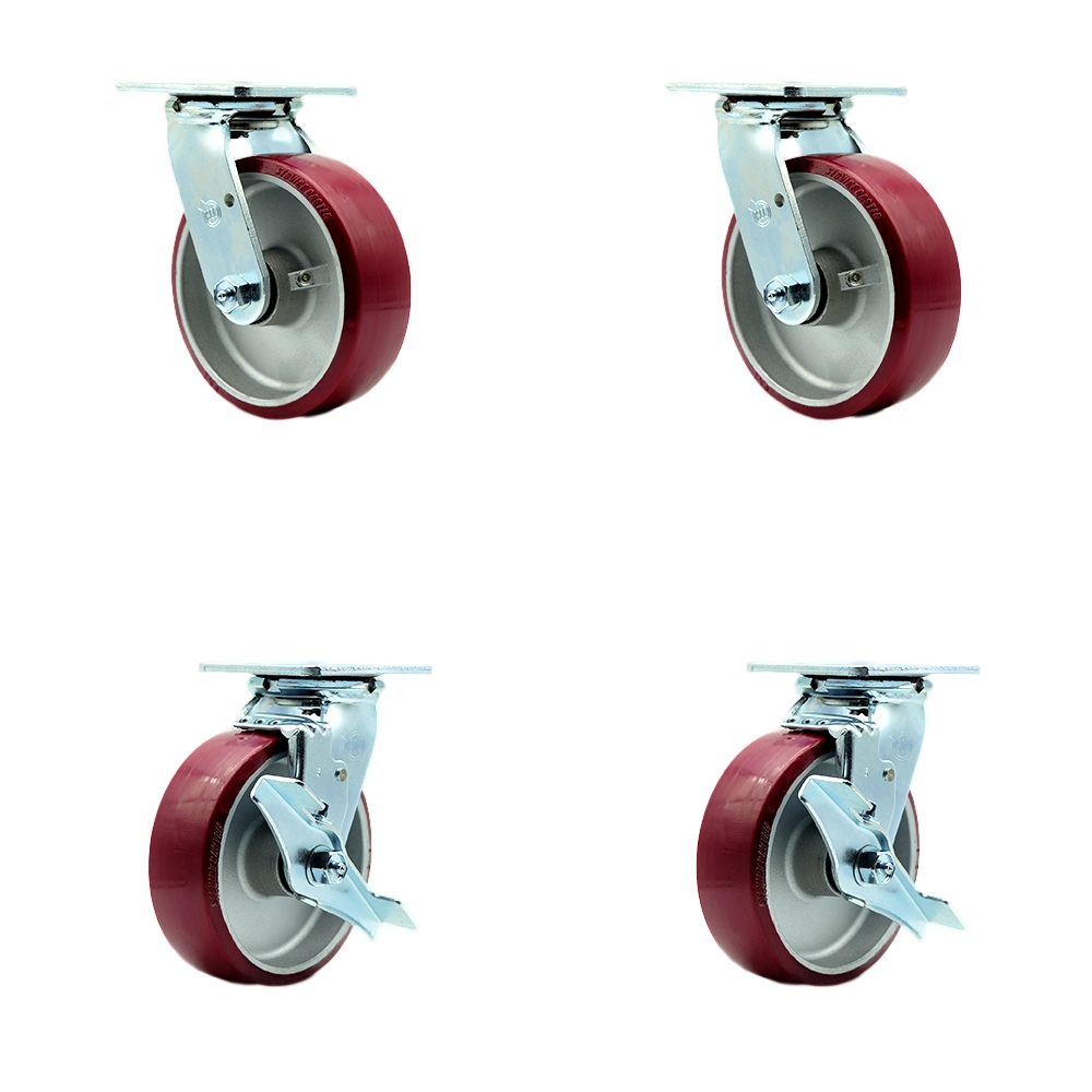 Stainless Steel Polyurethane on Aluminum Swivel Top Plate Casters Set of 4 Heavy Duty with 6 Inch Wheels - Includes 2 Swivel with Brakes and 2 Swivel – 4,800 lbs. Total Capacity - Service Caster Brand — photo 1