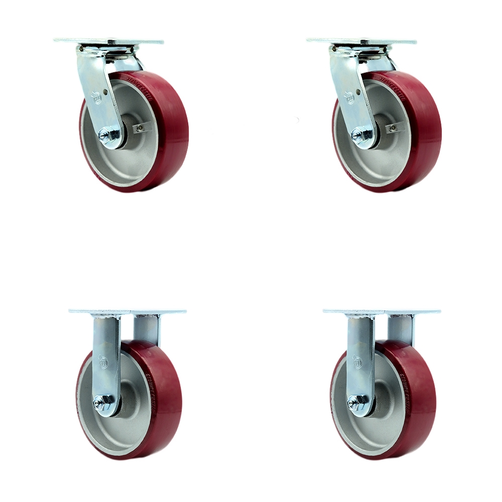 Stainless Steel Polyurethane on Aluminum Swivel Top Plate Casters Set of 4 Heavy Duty with 6 Inch Wheels - Includes 2 Swivel with Bolt on Swivel Locks and 2 Rigid - Service Caster Brand — photo 1