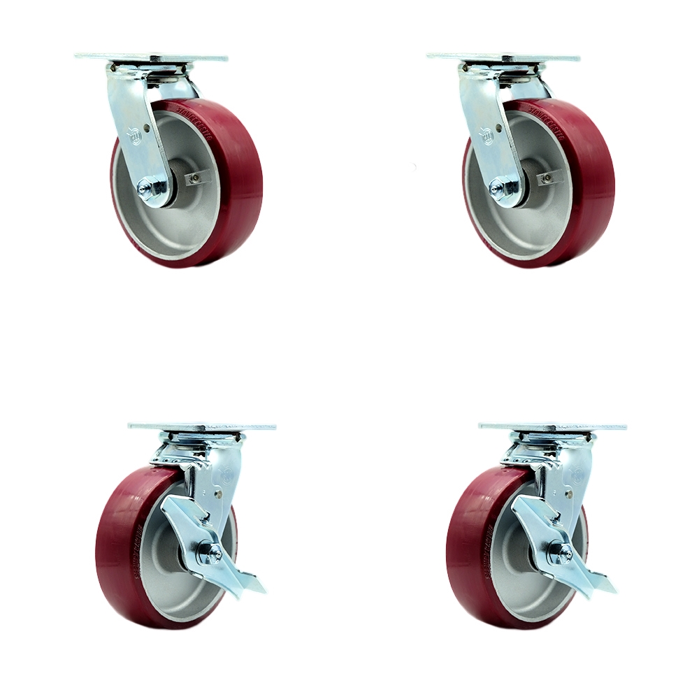 Stainless Steel Polyurethane on Aluminum Swivel Top Plate Casters Set of 4 Heavy Duty with 6 Inch Wheels - Includes 2 Swivel with Bolt on Swivel Locks and 2 Swivel with Brakes - Service Caster Brand — photo 1