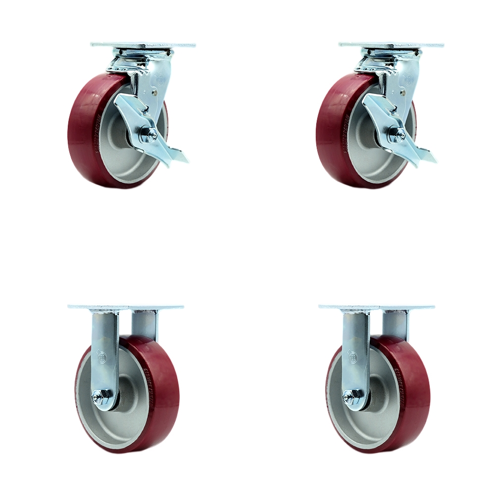 Stainless Steel Polyurethane on Aluminum Swivel Top Plate Casters Set of 4 Heavy Duty with 6 Inch Wheels - Includes 2 Swivel with Brakes and 2 Rigid – 4,800 lbs. Total Capacity - Service Caster Brand — photo 1