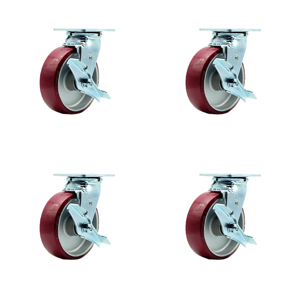 Stainless Steel Heavy Duty Swivel Caster Set with 6 Inch Poly on Aluminum Wheels and Ball Bearings -Includes 2 Swivel with Brakes and Bolt on Swivel Locks and 2 Swivel with Brakes-Service Caster Brand — photo 1