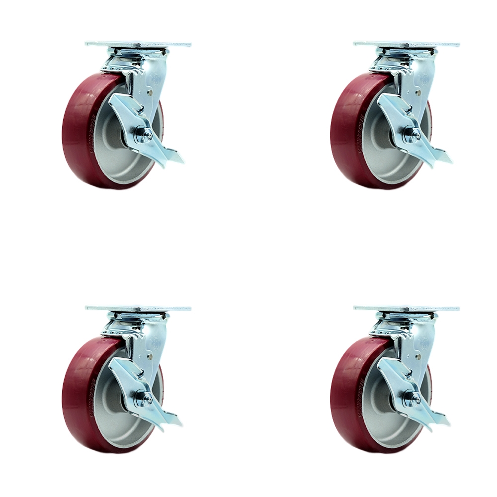 Stainless Steel Polyurethane on Aluminum Swivel Top Plate Casters Set of 4 Heavy Duty with 6 Inch Wheels - Includes 4 Swivel with Top Lock Brakes and Bolt on Swivel Locks - Service Caster Brand — photo 1