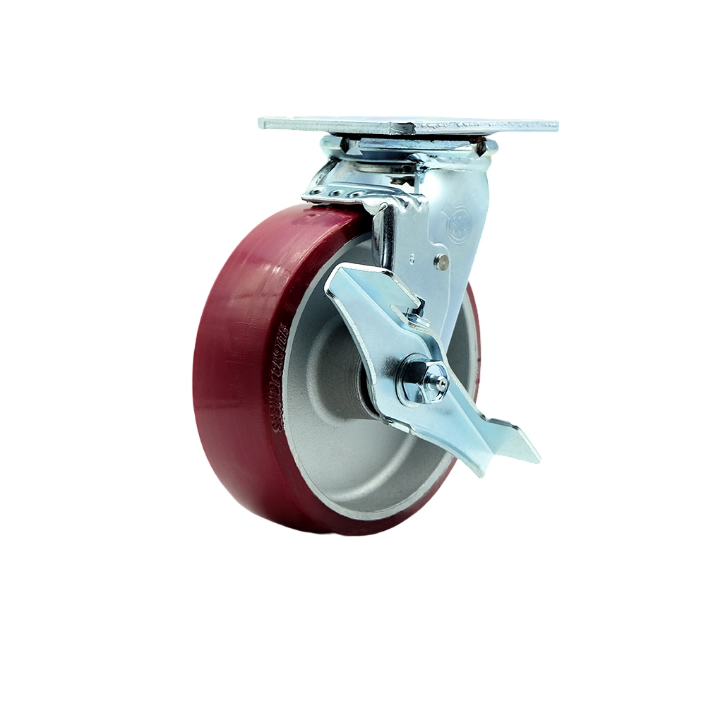 Stainless Steel Heavy Duty Swivel Top Plate Caster with Top Lock Brake and 6 Inch Polyurethane on Aluminum Wheel with Delrin Bearings - 1,200 lbs. Capacity/Caster - Service Caster Brand — photo 1