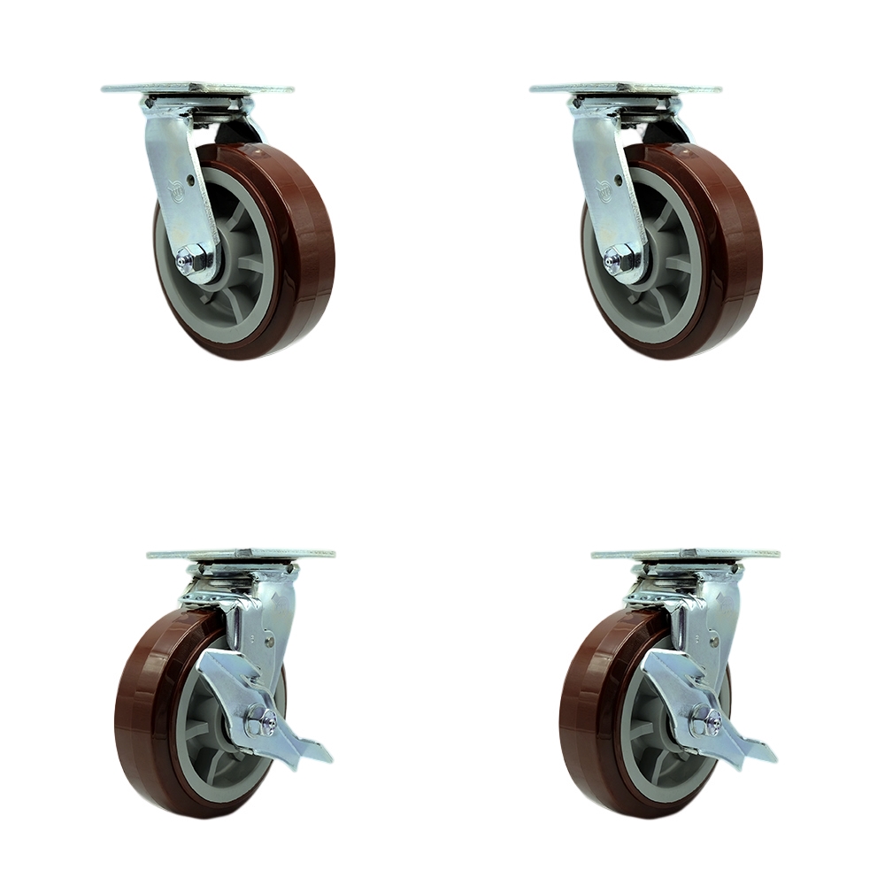 Stainless Steel Polyurethane Swivel Top Plate Casters Set of 4 Heavy Duty with 6 Inch Wheels - Includes 2 Swivel with Brakes and 2 Swivel – 3,600 lbs. Total Capacity - Service Caster Brand — photo 1