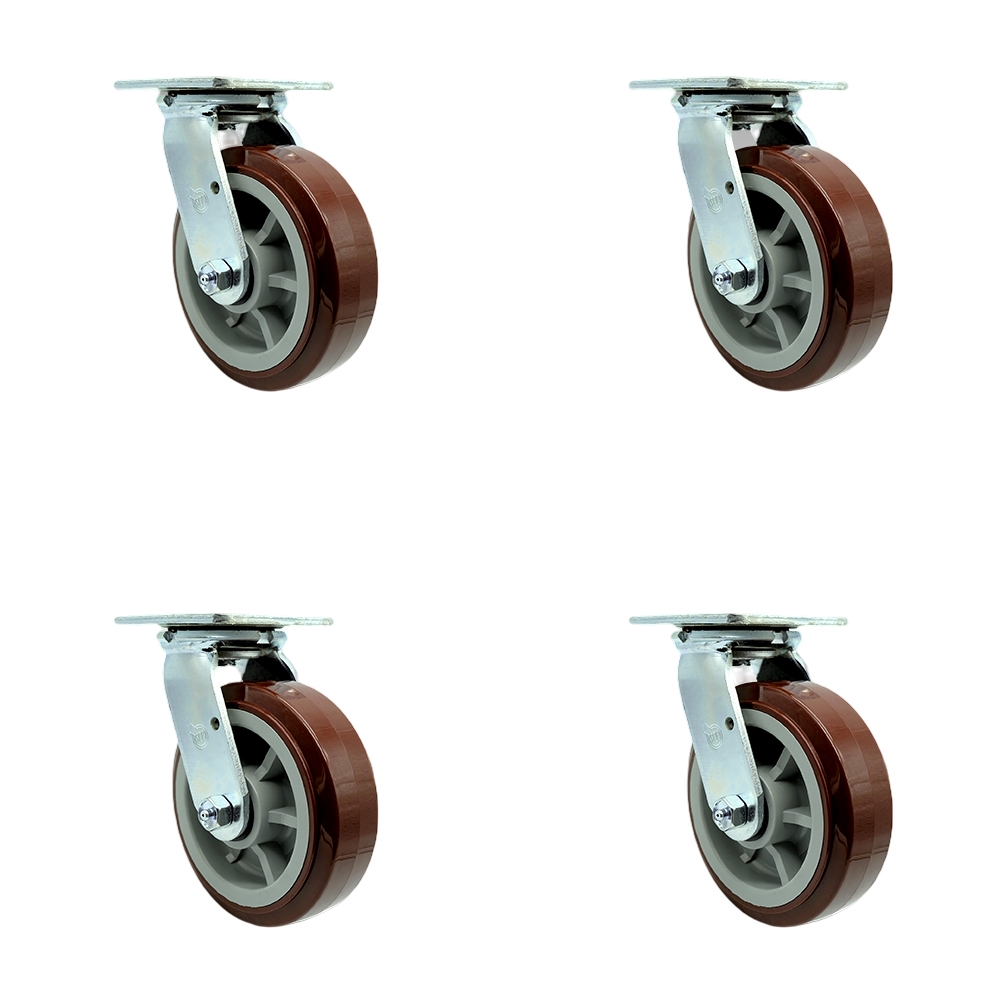 Stainless Steel Polyurethane Swivel Top Plate Casters Set of 4 Heavy Duty with 6 Inch Wheels - Includes 4 Swivel – 3,600 lbs. Total Capacity - Service Caster Brand — photo 1