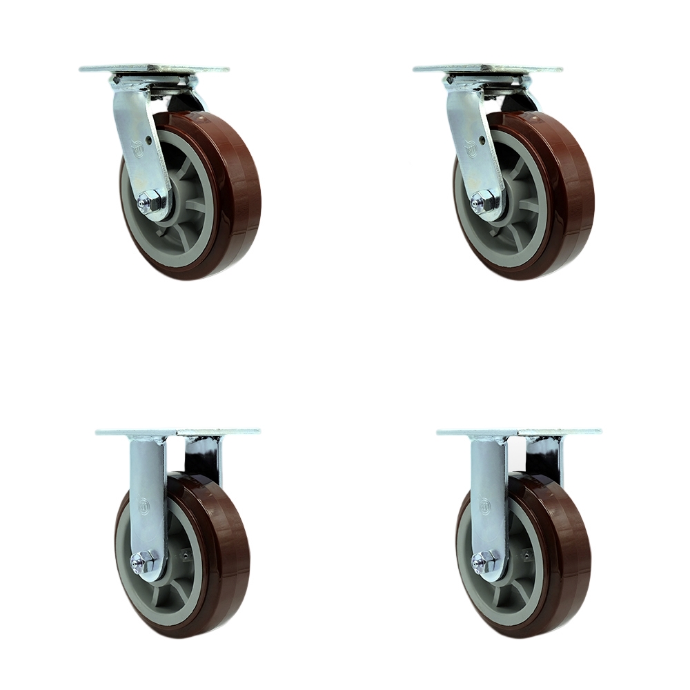 Stainless Steel Polyurethane Swivel Top Plate Casters Set of 4 Heavy Duty with 6 Inch Wheels - Includes 2 Swivel with Bolt on Swivel Locks and 2 Rigid - Service Caster Brand — photo 1