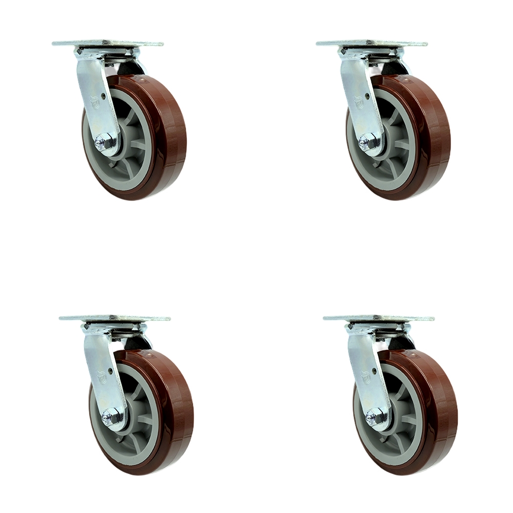 Stainless Steel Polyurethane Swivel Top Plate Casters Set of 4 Heavy Duty with 6 Inch Wheels - Includes 4 Swivel with Bolt on Swivel Locks – 3,600 lbs. Total Capacity - Service Caster Brand — photo 1