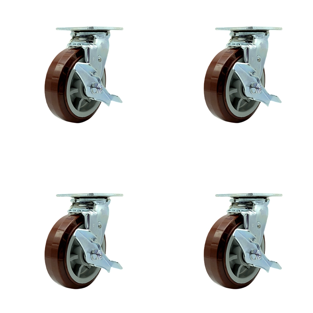 Stainless Steel Heavy Duty Swivel Caster Set of 4 with 6 Inch Polyurethane Wheels and Delrin Bearings -Includes 4 Swivel with Top Lock Brakes - 3,600 lbs. Total Capacity - Service Caster Brand — photo 1