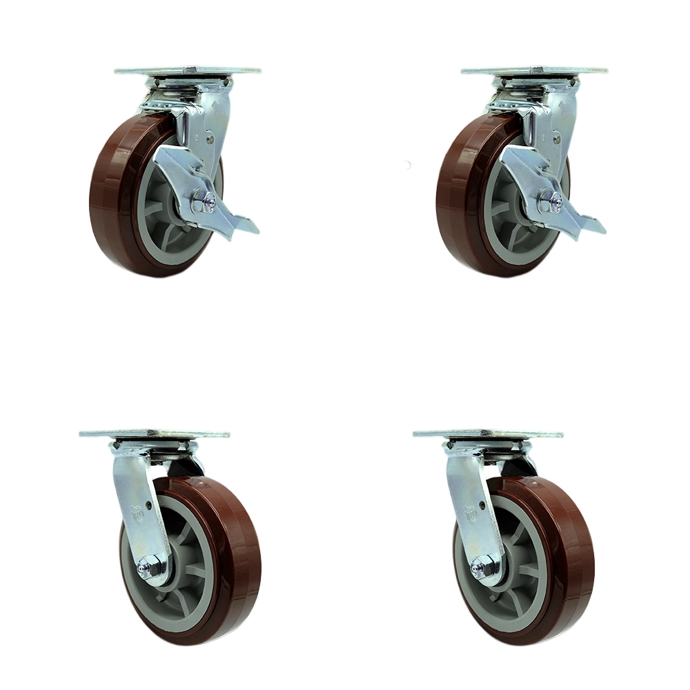 Stainless Heavy Duty Swivel Top Plate Casters with 6 Inch Polyurethane Wheels - Includes 2 Swivel with Brakes and Bolt on Swivel Locks and 2 Swivel with Bolt on Swivel Locks - Service Caster Brand — photo 1