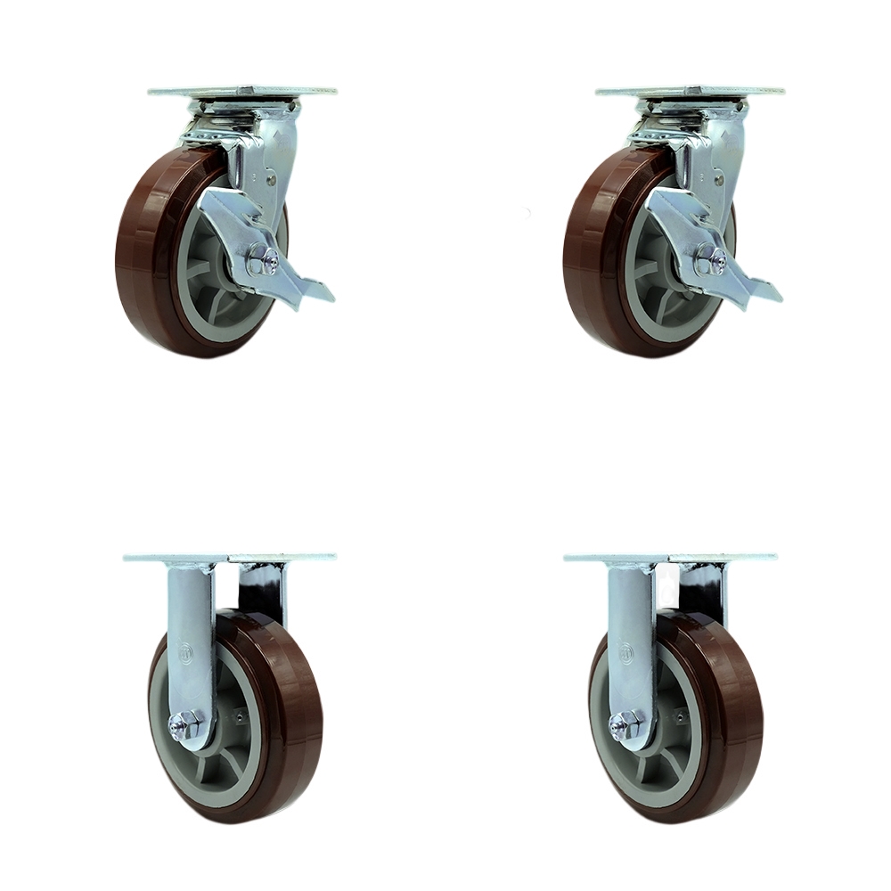 Stainless Steel Heavy Duty Swivel Caster Set with 6 Inch Polyurethane Wheels and Delrin Bearings - Includes 2 Swivel with Brakes and Bolt on Swivel Locks and 2 Rigid - Service Caster Brand — photo 1