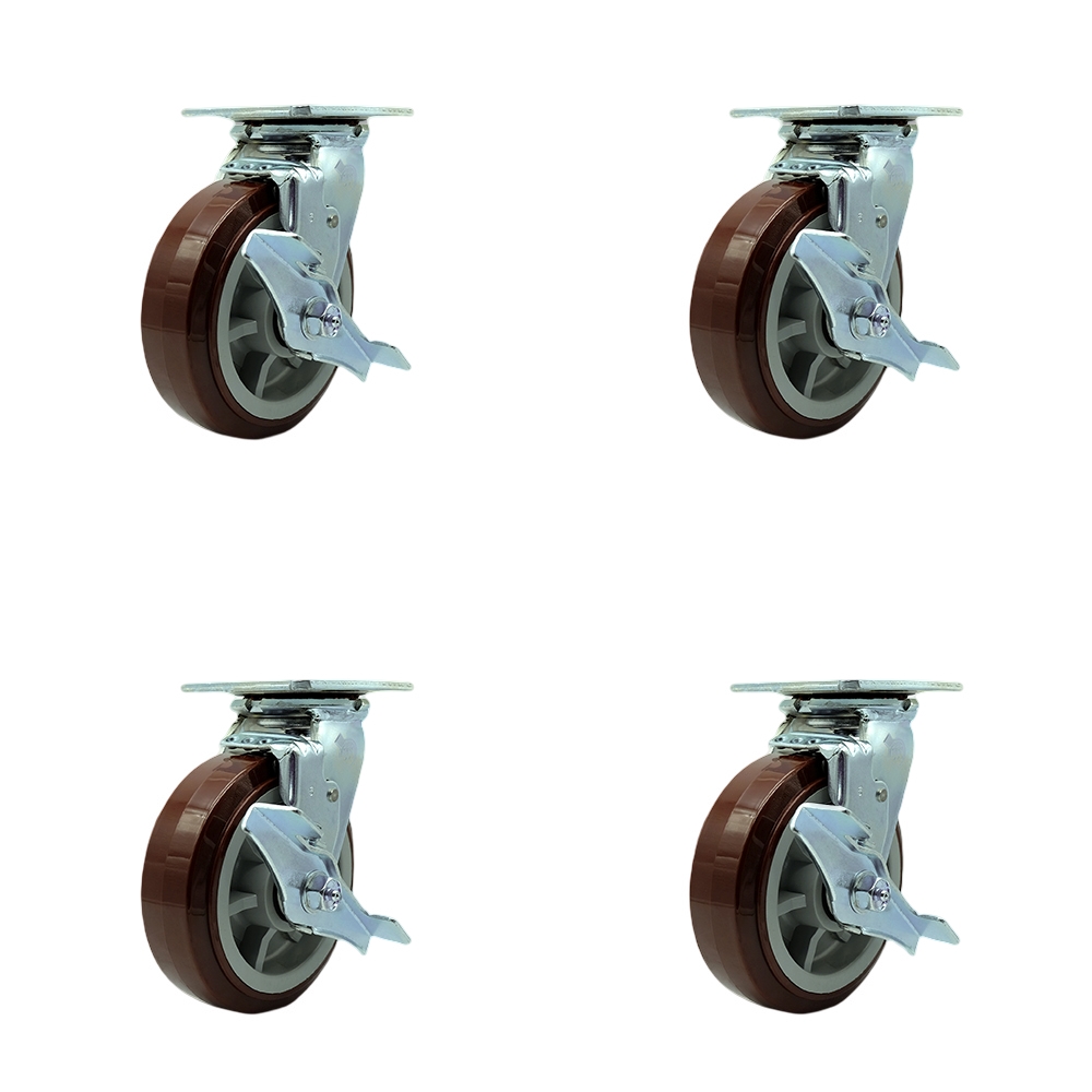 Stainless Steel Heavy Duty Swivel Caster Set with 6 Inch Polyurethane Wheels and Delrin Bearings - Includes 2 Swivel with Brakes and Bolt on Swivel Locks and 2 Swivel with Brakes- Service Caster Brand — photo 1