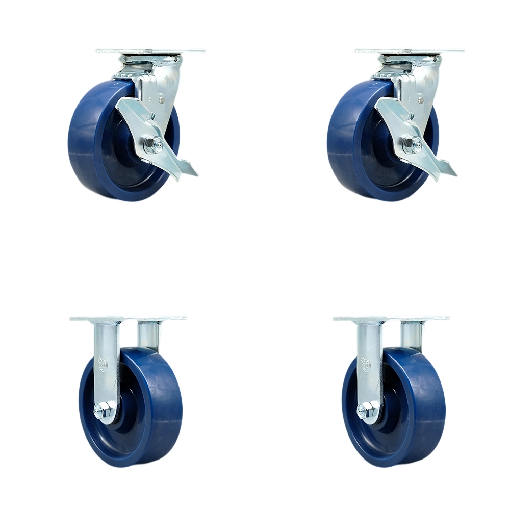 Stainless Steel Solid Polyurethane Swivel Top Plate Casters Set of 4 Heavy Duty with 6 Inch Wheels - Includes 2 Swivel with Brakes and 2 Rigid – 4,800 lbs. Total Capacity - Service Caster Brand — photo 1