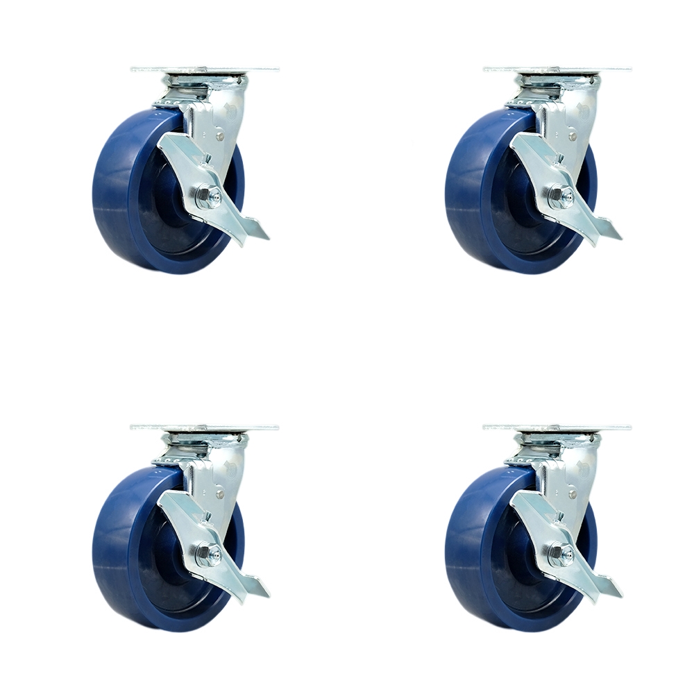 Stainless Steel Heavy Duty Swivel Caster Set with 6 Inch Solid Poly Wheels and Delrin Bearings - Includes 2 Swivel with Brakes and Bolt on Swivel Locks and 2 Swivel with Brakes - Service Caster Brand — photo 1