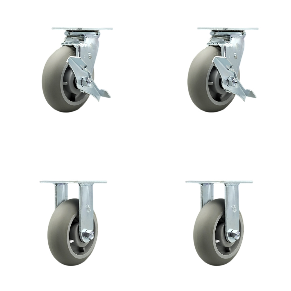 Stainless Steel Thermoplastic Rubber Donut Tread Swivel Top Plate Casters Set of 4 Heavy Duty with 6 Inch Wheels-Includes 2 Swivel with Brakes and 2 Rigid–2,000lbs. Total Capacity-Service Caster Brand — photo 1