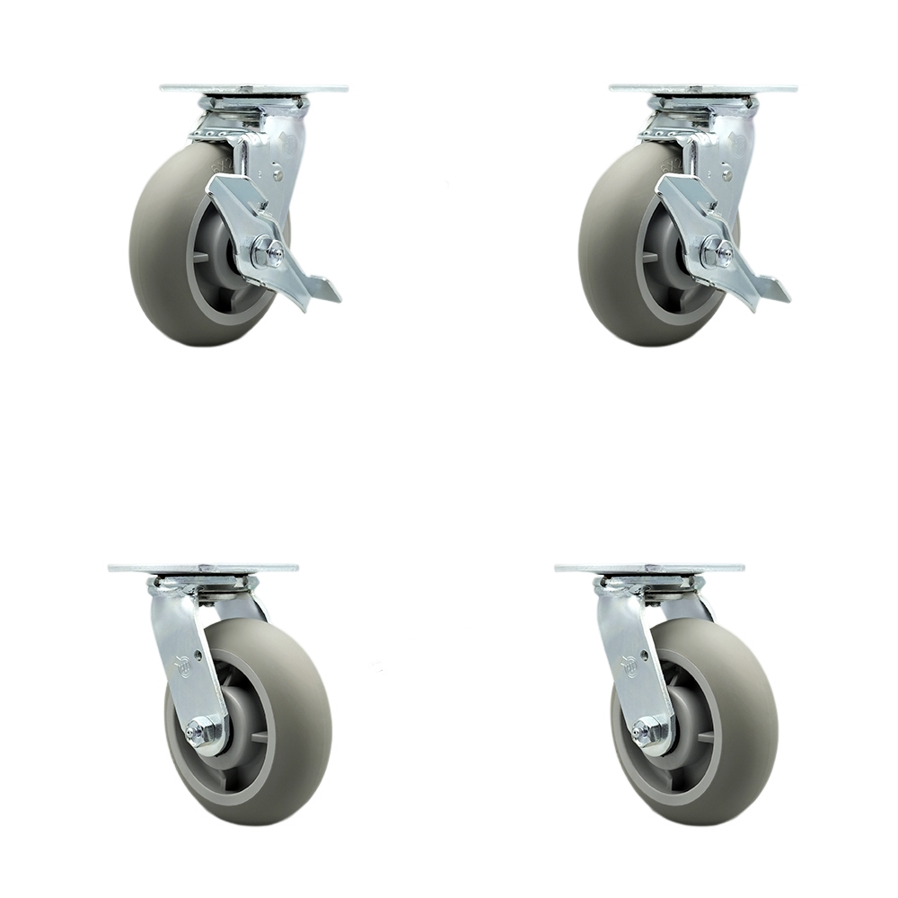 Stainless Steel Heavy Duty Swivel Caster Set 4 with 6 Inch Poly Wheel and Ball Bearing-Includes 2 Swivel with Brake and Bolt on Swivel Lock and 2 Swivel with Bolt on Swivel Lock - Service Caster Brand — photo 1