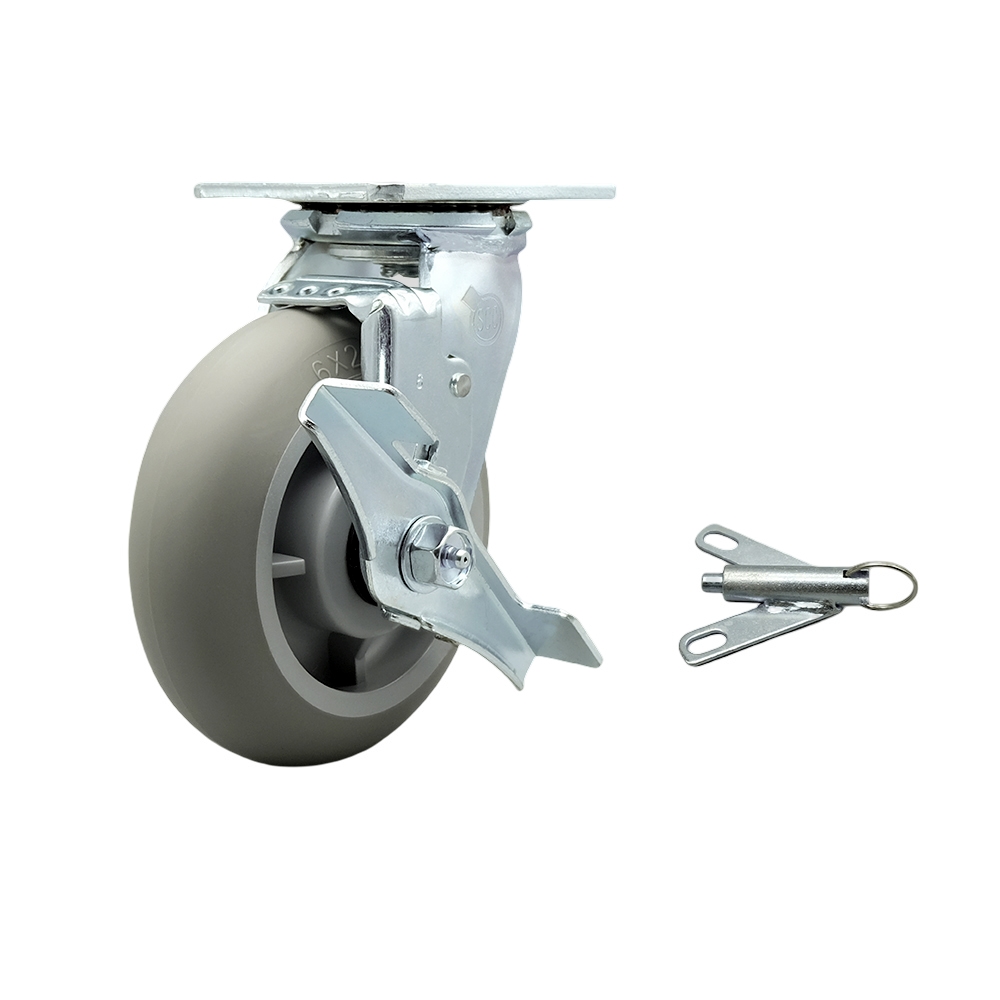 Cambro Meal Delivery Cart Swivel Caster with Bolt-On Swivel Lock and Wheel Brake – 6 Inch Gray Non-Marking Thermoplastic Rubber Wheel - Replacement Caster - Service Caster Brand — photo 1