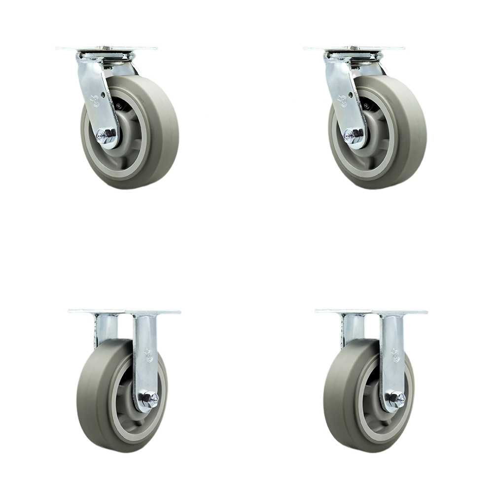 Stainless Steel Thermoplastic Rubber Flat Tread Swivel Top Plate Casters Set of 4 Heavy Duty with 6 Inch Wheels - Includes 2 Swivel with Bolt on Swivel Locks and 2 Rigid - Service Caster Brand — photo 1