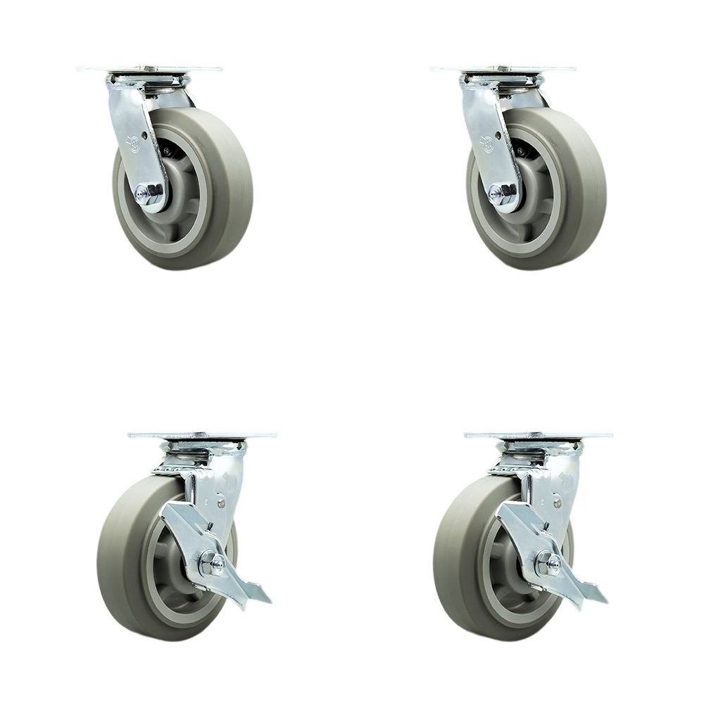 Stainless Steel Thermoplastic Rubber Flat Tread Swivel Top Plate Casters Set of 4 Heavy Duty with 6 Inch Wheels-Includes 2 Swivel with Bolt on Swivel Lock and 2 Swivel with Brake- Service Caster Brand — photo 1