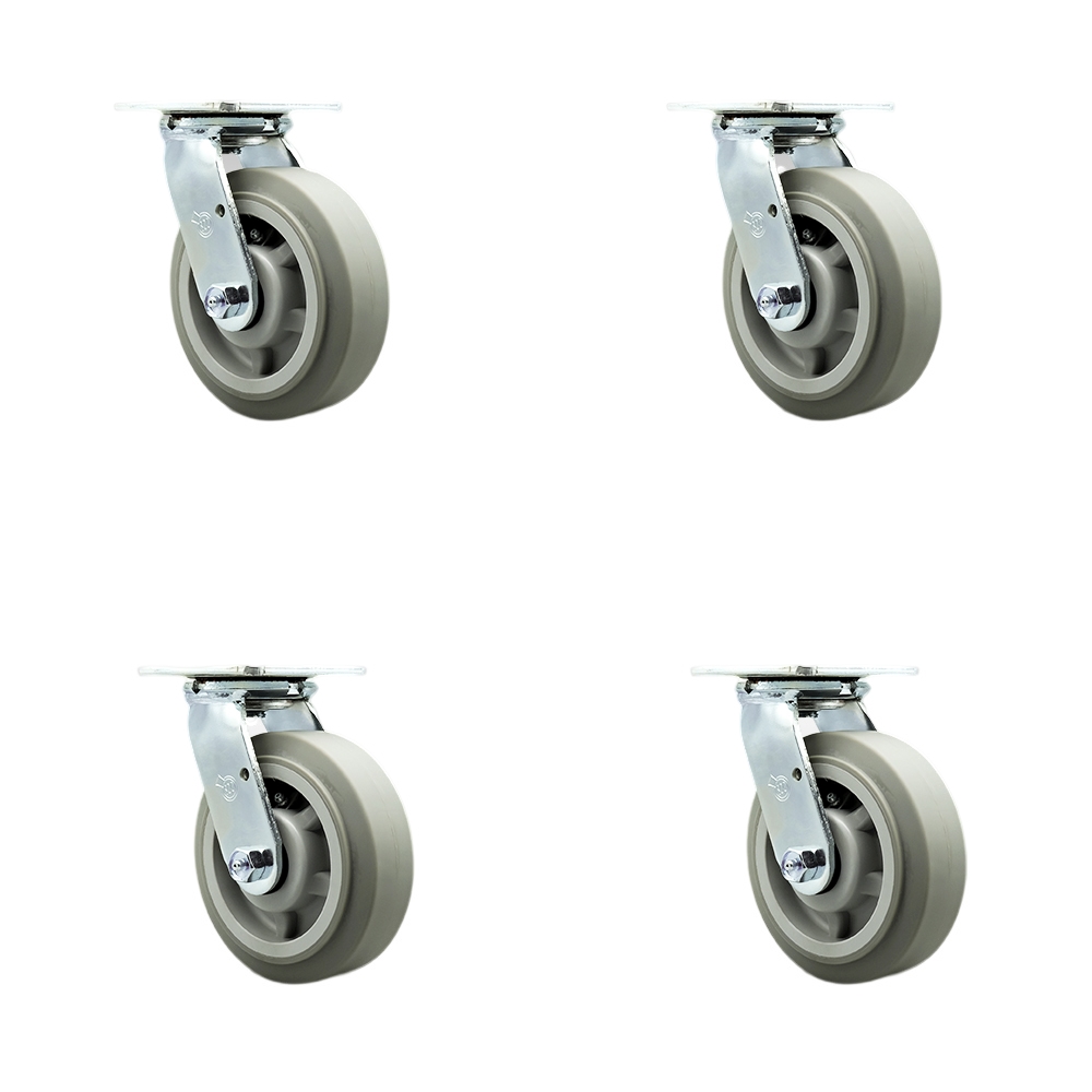 Stainless Steel Thermoplastic Rubber Flat Tread Swivel Top Plate Casters Set of 4 Heavy Duty with 6 Inch Wheels - Includes 4 Swivel with Bolt on Swivel Locks - Service Caster Brand — photo 1