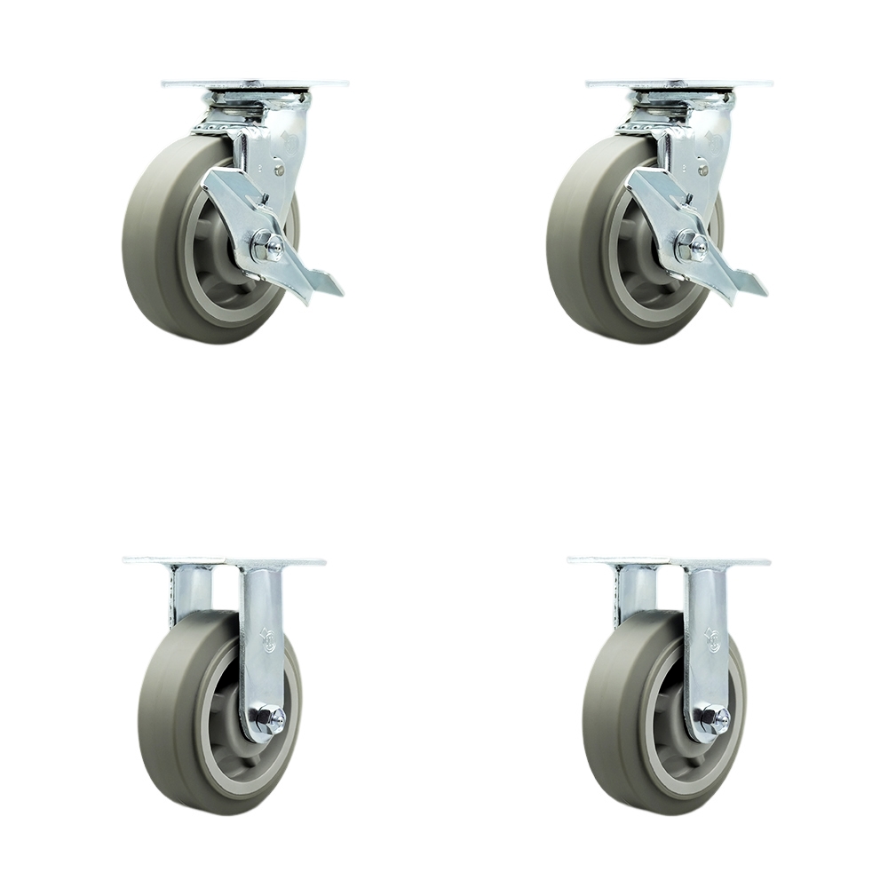 Stainless Steel Thermoplastic Rubber Flat Tread Swivel Top Plate Casters Set of 4 Heavy Duty with 6 Inch Wheels-Includes 2 Swivel with Brakes and 2 Rigid–2,000lbs. Total Capacity- Service Caster Brand — photo 1