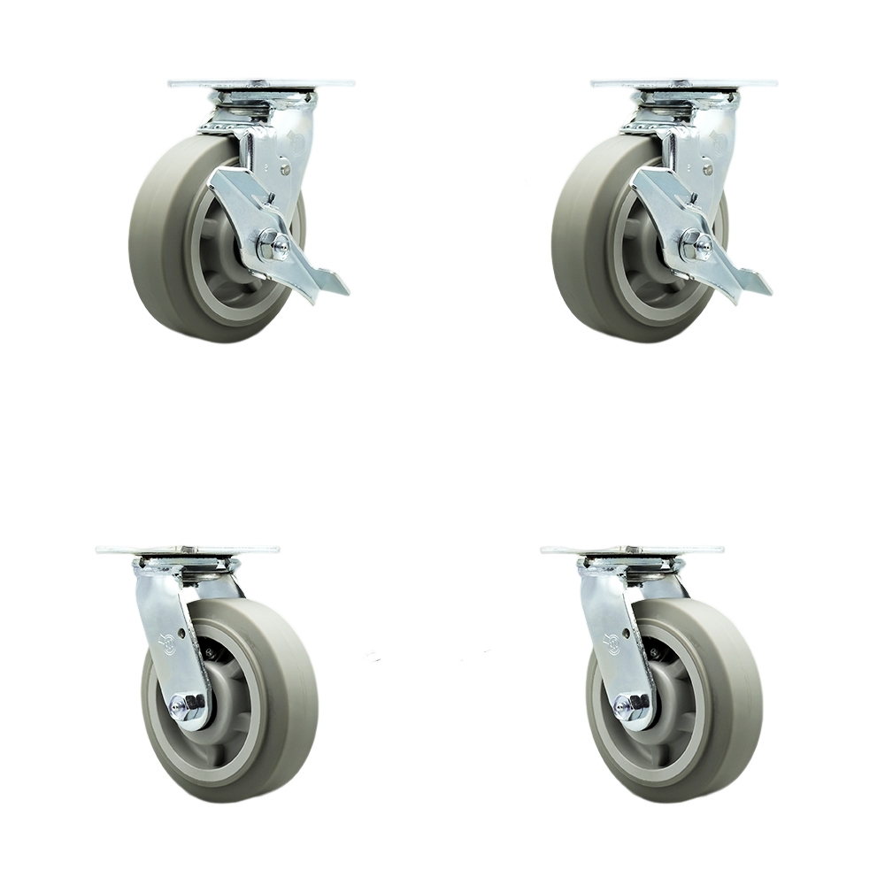 Stainless Steel Thermoplastic Rubber Flat Tread Swivel Top Plate Caster Set Heavy Duty with 6 Inch Wheel-Include 2 Swivel with Brake and Swivel Lock and 2 Swivel with Swivel Lock- Service Caster Brand — photo 1