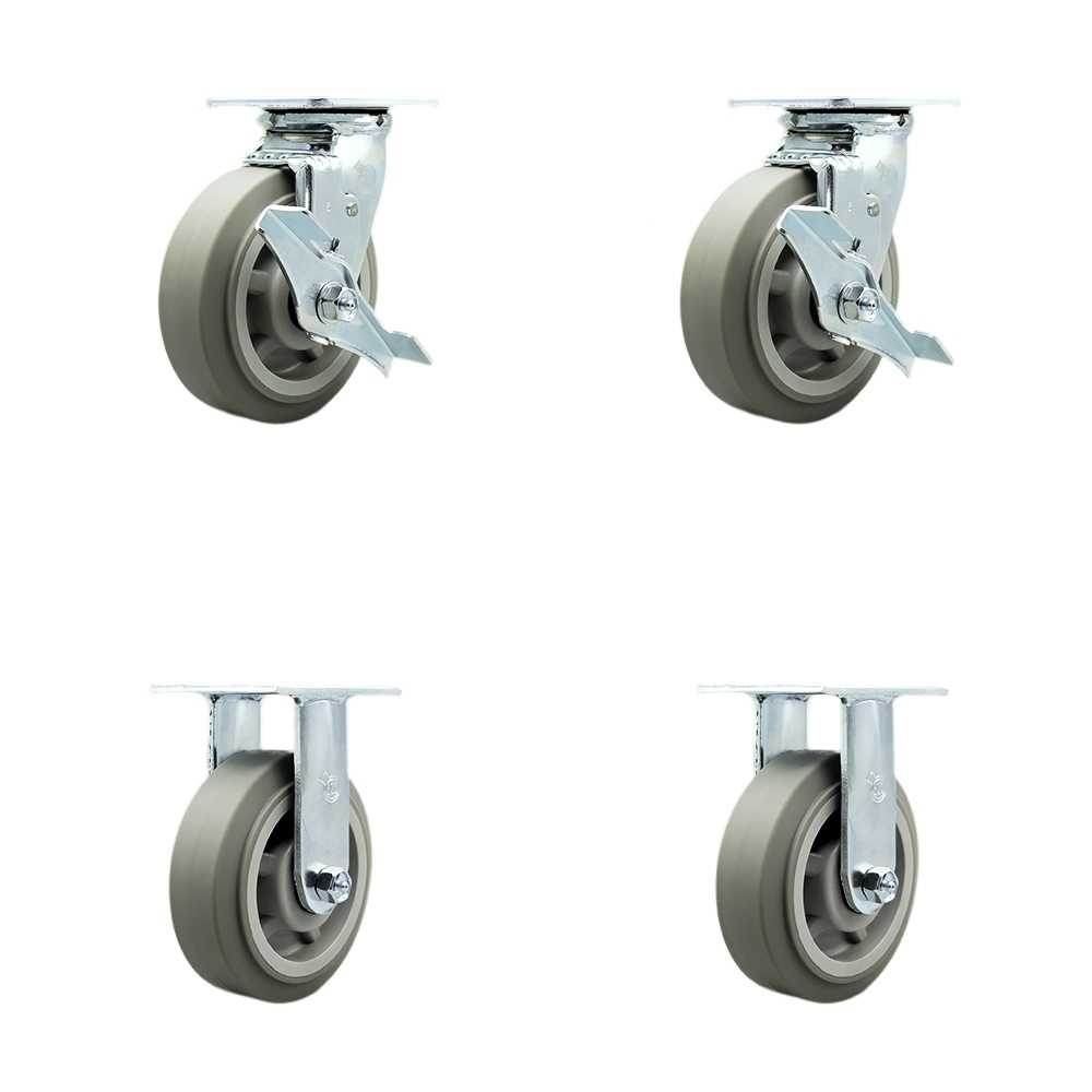 Stainless Steel Thermoplastic Rubber Flat Tread Swivel Top Plate Casters Set of 4 Heavy Duty with 6 Inch Wheels-Includes 2 Swivel with Brakes and Bolt on Swivel Locks and 2 Rigid- Service Caster Brand — photo 1