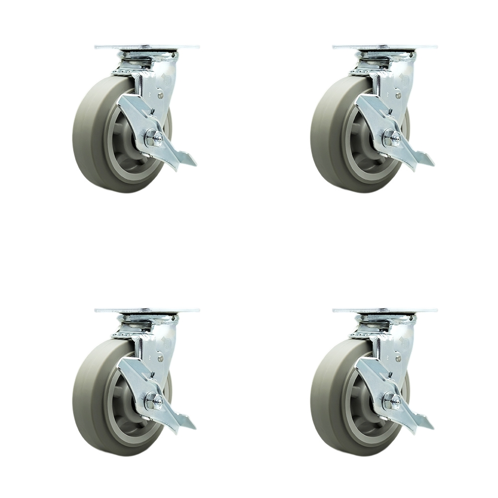 Stainless Heavy Duty Swivel Caster Set with 6 Inch Thermoplastic Rubber Flat Tread Wheels and Delrin Bearings-Includes 2 Swivel with Brakes& Swivel Locks and 2 Swivel with Brakes- Service Caster Brand — photo 1