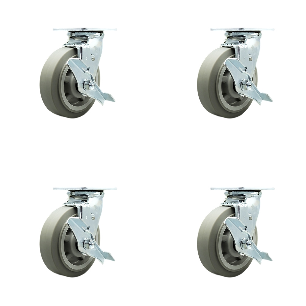 Stainless Steel Thermoplastic Rubber Flat Tread Swivel Top Plate Casters Set of 4 Heavy Duty with 6 Inch Wheels - Includes 4 Swivel with Top Lock Brakes and Bolt on Swivel Locks - Service Caster Brand — photo 1