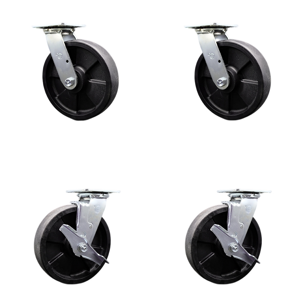 Stainless Steel Glass Filled Nylon Swivel Top Plate Casters Set of 4 Heavy Duty with 8 Inch Wheels - Includes 2 Swivel with Brakes and 2 Swivel – 5,000 lbs. Total Capacity - Service Caster Brand — photo 1
