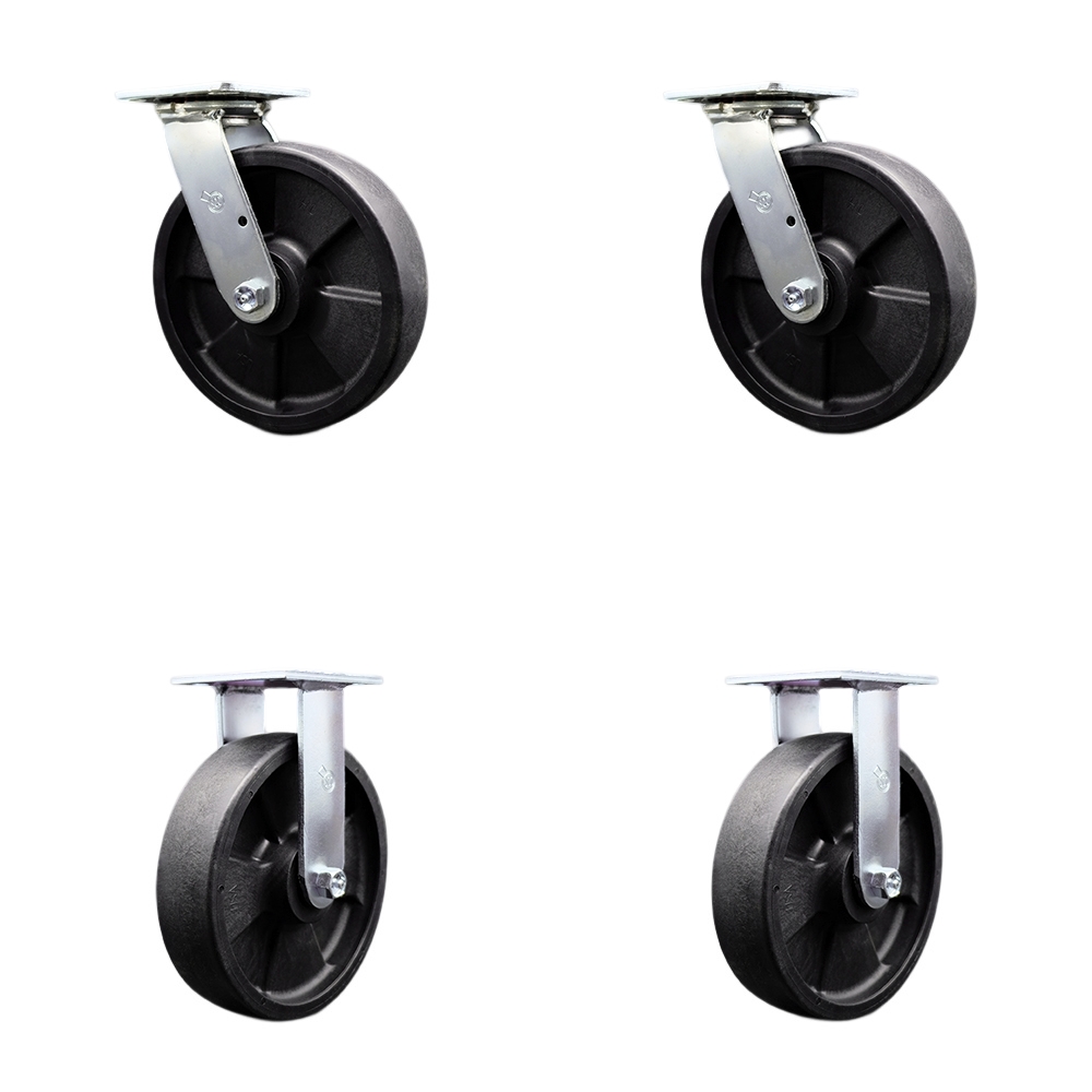 Stainless Steel Glass Filled Nylon Swivel Top Plate Casters Set of 4 Heavy Duty with 8 Inch Wheels - Includes 2 Swivel with Bolt on Swivel Locks and 2 Rigid - Service Caster Brand — photo 1