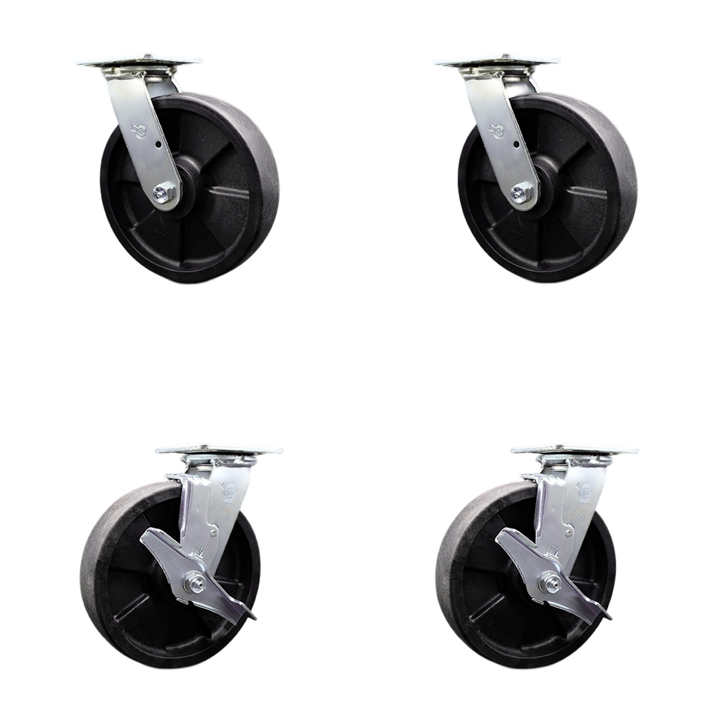 Stainless Steel Heavy Duty Swivel Caster Set with 8 Inch High Temp Glass Filled Nylon Wheels and Ball Bearings-Includes 2 Swivel with Bolt on Swivel Locks and 2 Swivel with Brakes-Service Caster Brand — photo 1
