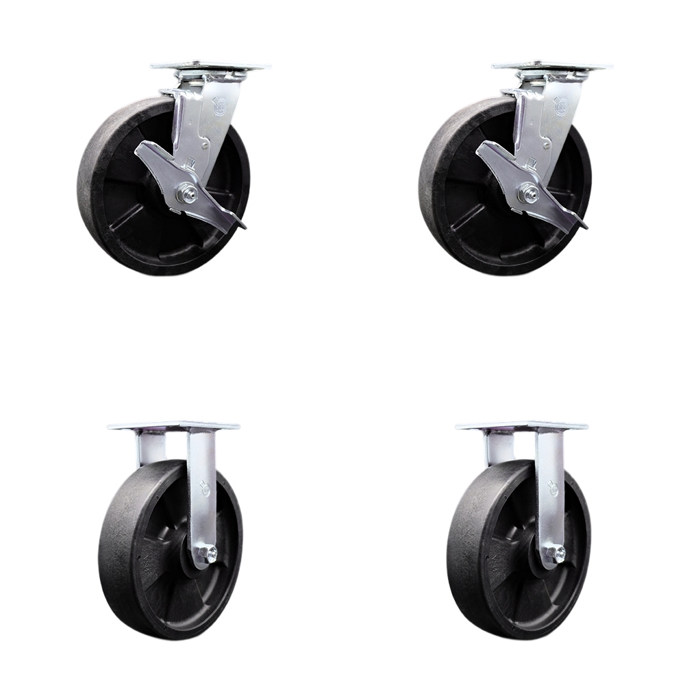 Stainless Steel Glass Filled Nylon Swivel Top Plate Casters Set of 4 Heavy Duty with 8 Inch Wheels - Includes 2 Swivel with Brakes and 2 Rigid – 5,000 lbs. Total Capacity - Service Caster Brand — photo 1