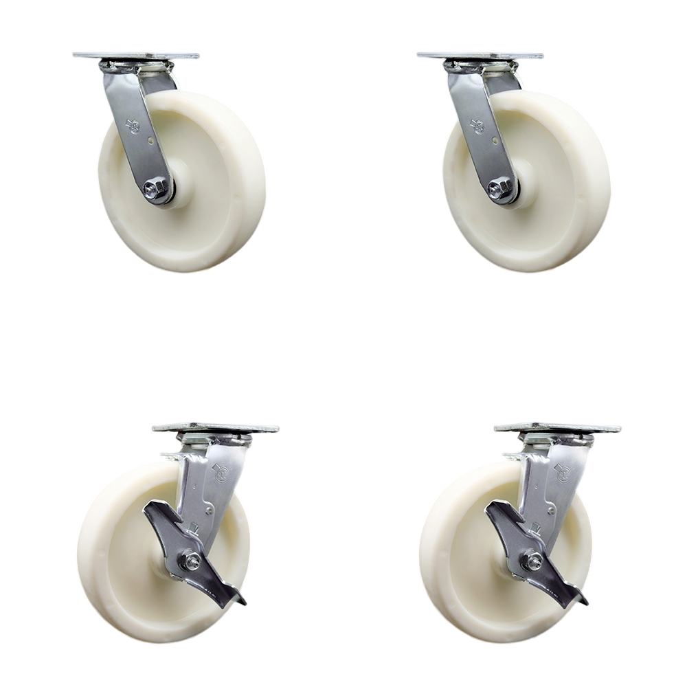 Stainless Steel Heavy Duty Swivel Caster Set of 4 with 8 Inch Nylon Wheels and Delrin Bearings - Includes 2 Swivel with Brakes and 2 Swivel - 5,000 lbs. Total Capacity - Service Caster Brand — photo 1