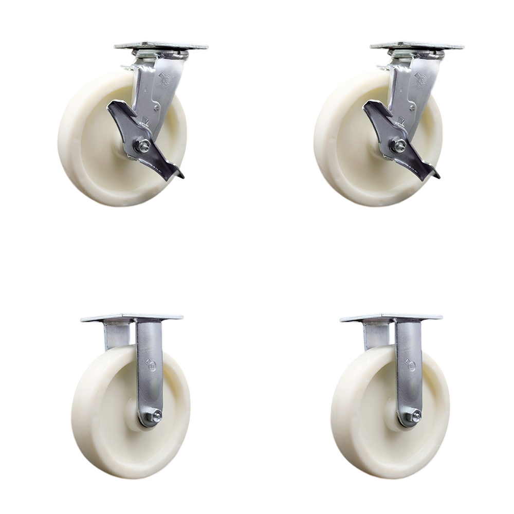 Stainless Steel Nylon Swivel Top Plate Casters Set of 4 Heavy Duty with 8 Inch Wheels - Includes 2 Swivel with Brakes and 2 Rigid – 5,000 lbs. Total Capacity - Service Caster Brand — photo 1