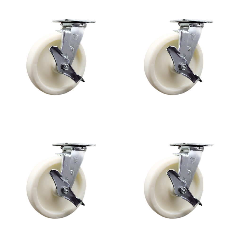 Stainless Steel Heavy Duty Swivel Caster Set with 8 Inch Nylon Wheels and Delrin Bearings - Includes 2 Swivel with Brakes and Bolt on Swivel Locks and 2 Swivel with Brakes - Service Caster Brand — photo 1