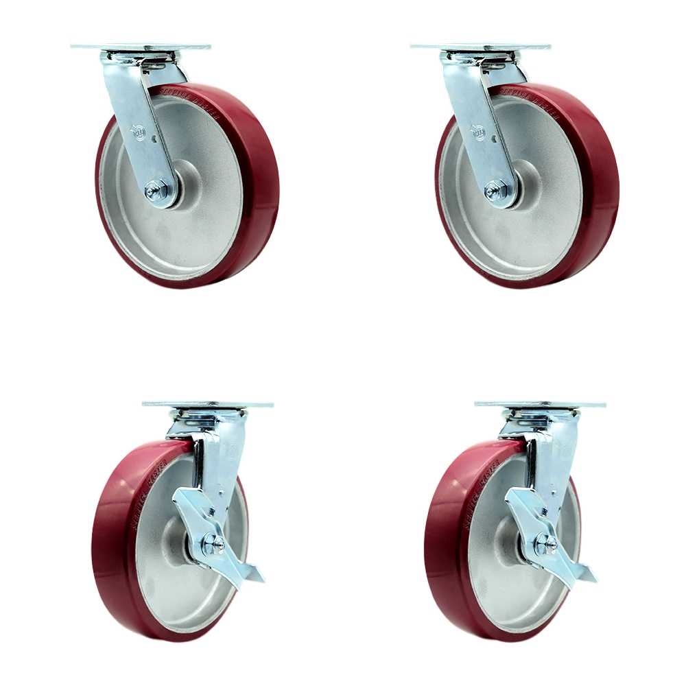 Stainless Steel Polyurethane on Aluminum Swivel Top Plate Casters Set of 4 Heavy Duty with 8 Inch Wheels - Includes 2 Swivel with Brakes and 2 Swivel – 5,000 lbs. Total Capacity - Service Caster Brand — photo 1