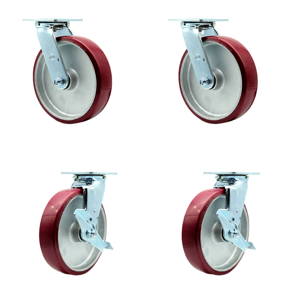 Stainless Steel Heavy Duty Swivel Caster Set with 8 Inch Polyurethane on Aluminum Wheels and Ball Bearings - Includes 2 Swivel with Bolt on Swivel Locks and 2 Swivel with Brakes - Service Caster Brand — photo 1