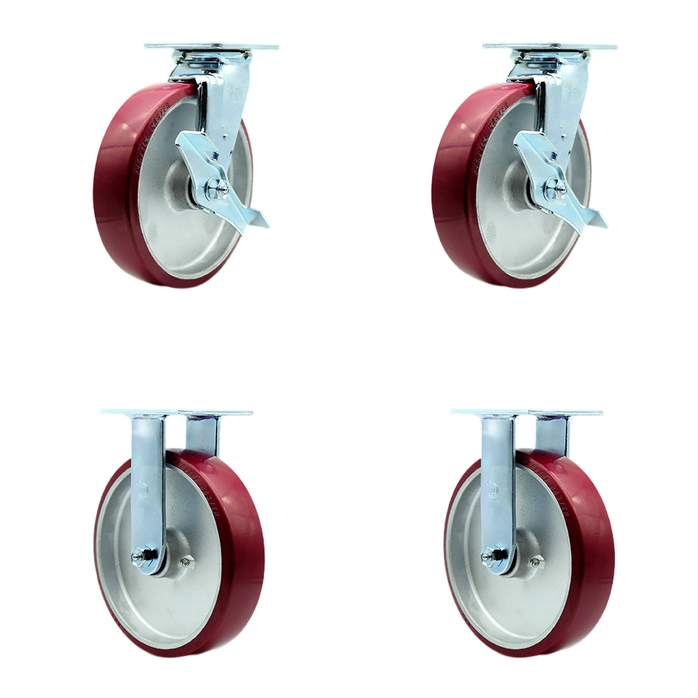 Stainless Steel Polyurethane on Aluminum Swivel Top Plate Casters Set of 4 Heavy Duty with 8 Inch Wheels - Includes 2 Swivel with Brakes and 2 Rigid – 5,000 lbs. Total Capacity - Service Caster Brand — photo 1