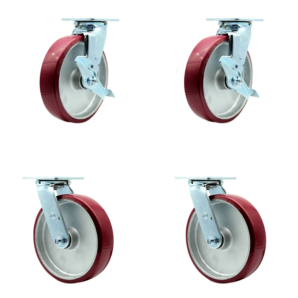 Stainless Heavy Duty Swivel Caster Set with 8 Inch Poly on Aluminum Wheel&Delrin Bearing-Include 2 Swivel with Brake and Bolt on Swivel Lock and 2 Swivel with Bolt on Swivel Lock- Service Caster Brand — photo 1