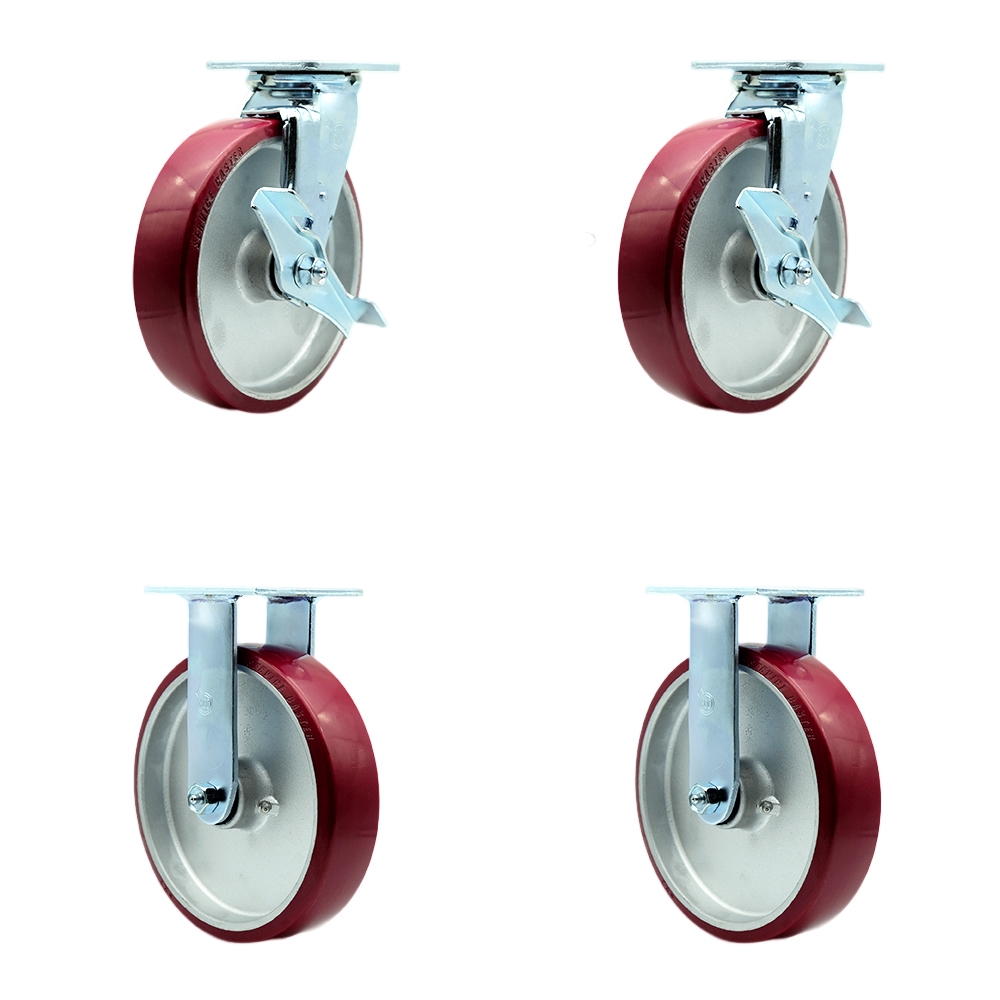 Stainless Steel Heavy Duty Swivel Caster Set with 8 Inch Polyurethane on Aluminum Wheels and Ball Bearings - Includes 2 Swivel with Brakes and Bolt on Swivel Locks and 2 Rigid - Service Caster Brand — photo 1