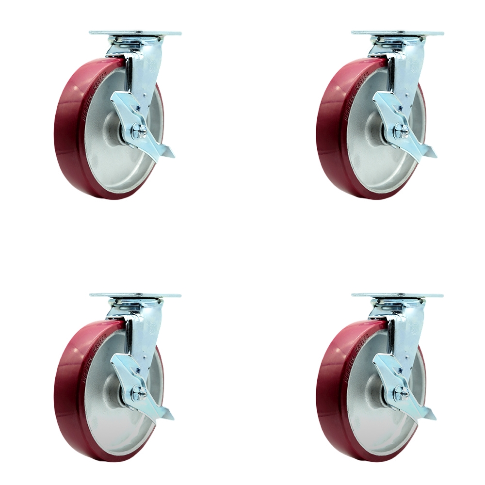 Stainless Steel Polyurethane on Aluminum Swivel Top Plate Casters Set of 4 Heavy Duty with 8 Inch Wheels - Includes 4 Swivel with Top Lock Brakes and Bolt on Swivel Locks - Service Caster Brand — photo 1