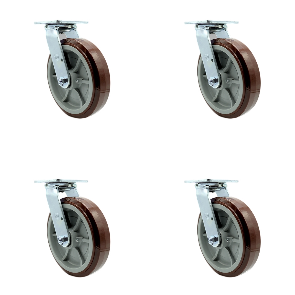 Stainless Steel Polyurethane Swivel Top Plate Casters Set of 4 Heavy Duty with 8 Inch Wheels - Includes 4 Swivel – 4,000 lbs. Total Capacity - Service Caster Brand — photo 1